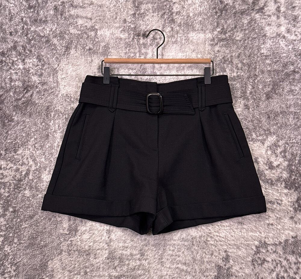 Sezane Rome Shorts 42 / US 10 Womens Black Wool Twill High Rise Belted